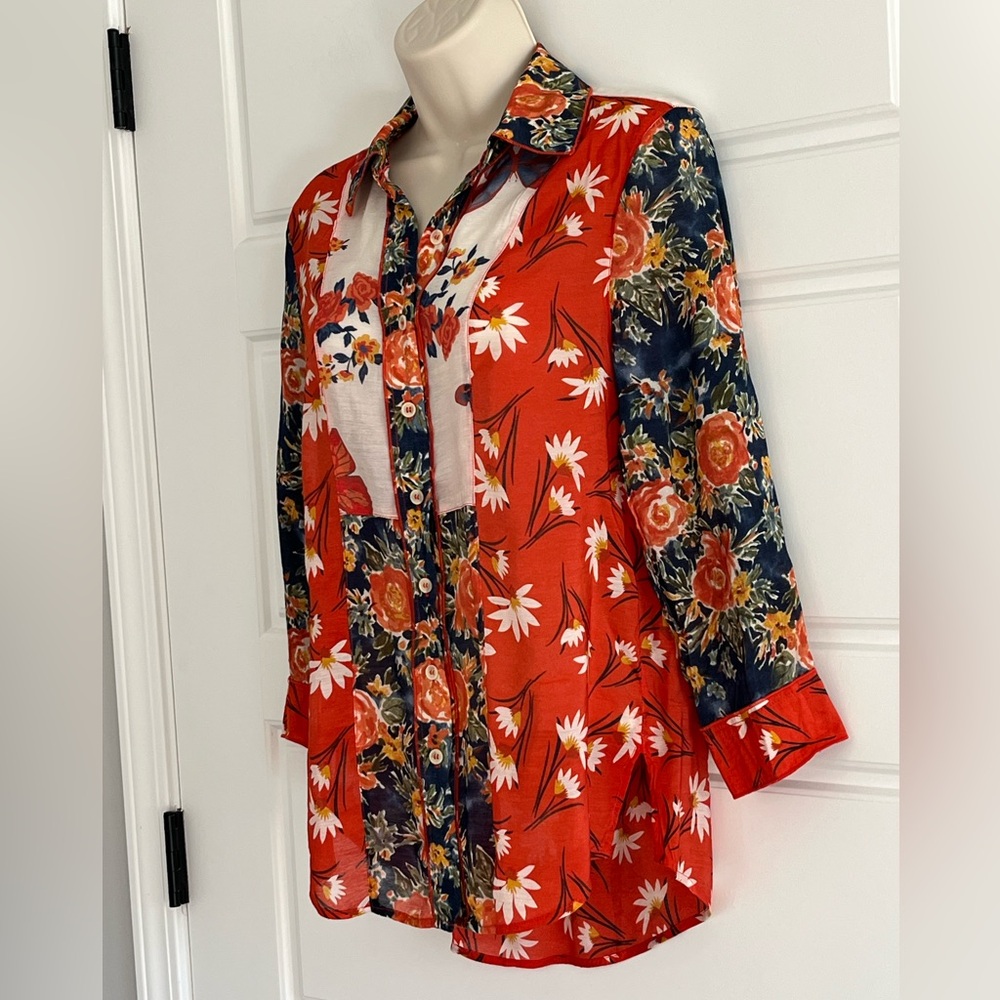 Multiples Floral Patchwork Button Up Blouse Shirt… - image 4